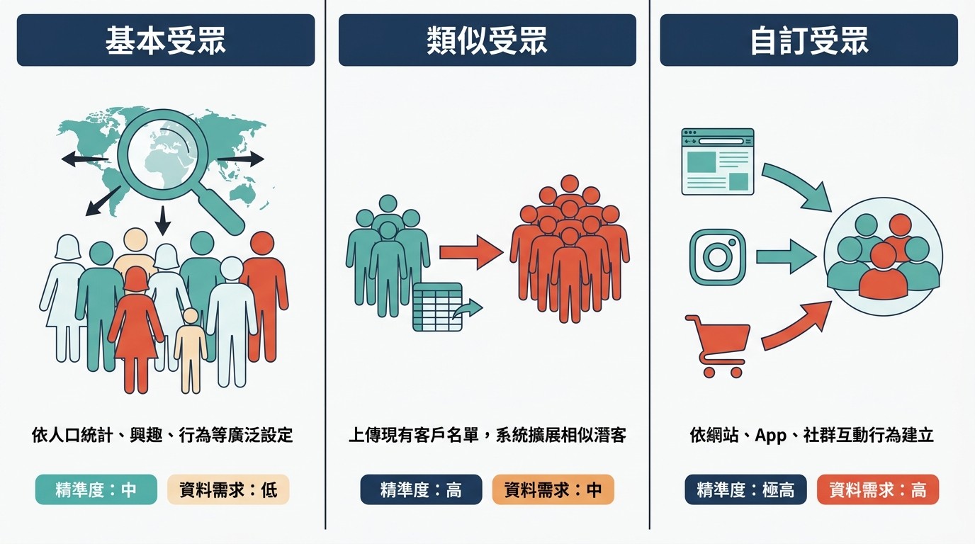 圖解 Meta 廣告三大受眾類型：基本受眾、類似受眾、自訂受眾。各面板說明定義、精準度與資料需求。