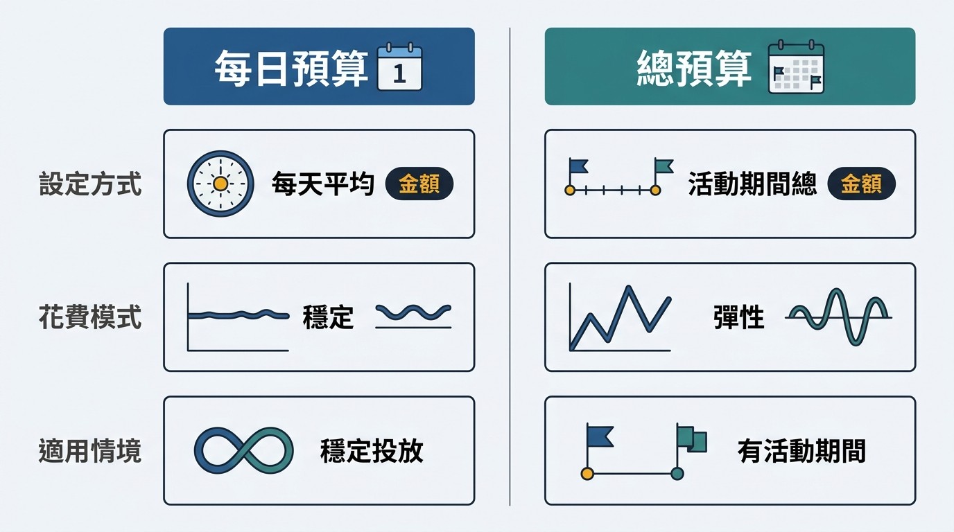 扁平雙欄對比圖，比較每日預算與總預算。包含設定方式、花費模式、適用情境。