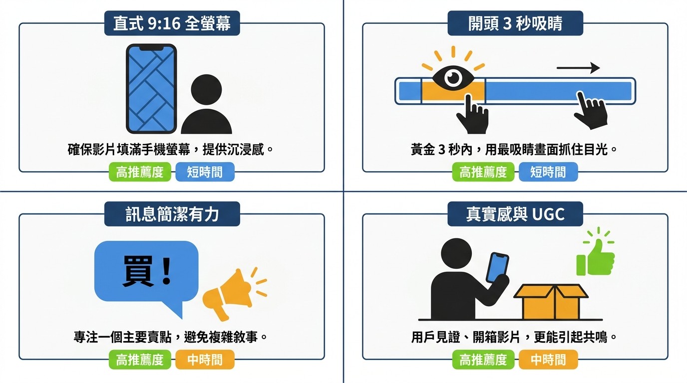 圖解 Reels 影片製作四大關鍵：直式 9:16、開頭 3 秒吸睛、訊息簡潔、真實感 UGC。