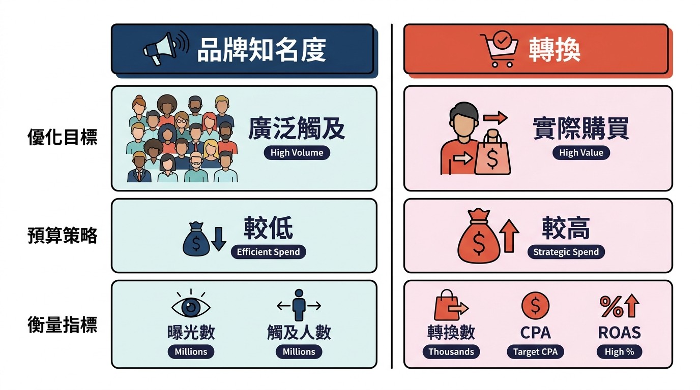 扁平雙欄資訊圖表，比較廣告的品牌知名度與轉換目標。圖表對比兩者在優化目標、預算策略及衡量指標上的差異。