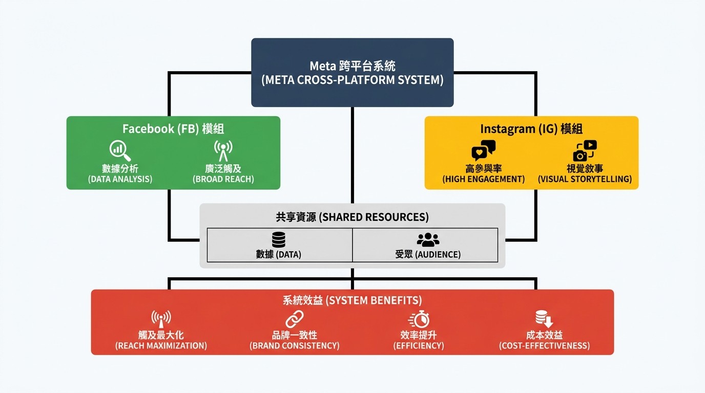 扁平化系統架構圖，展示 FB 與 IG 整合為行銷生態系，共享數據與受眾，並產生多項效益。
