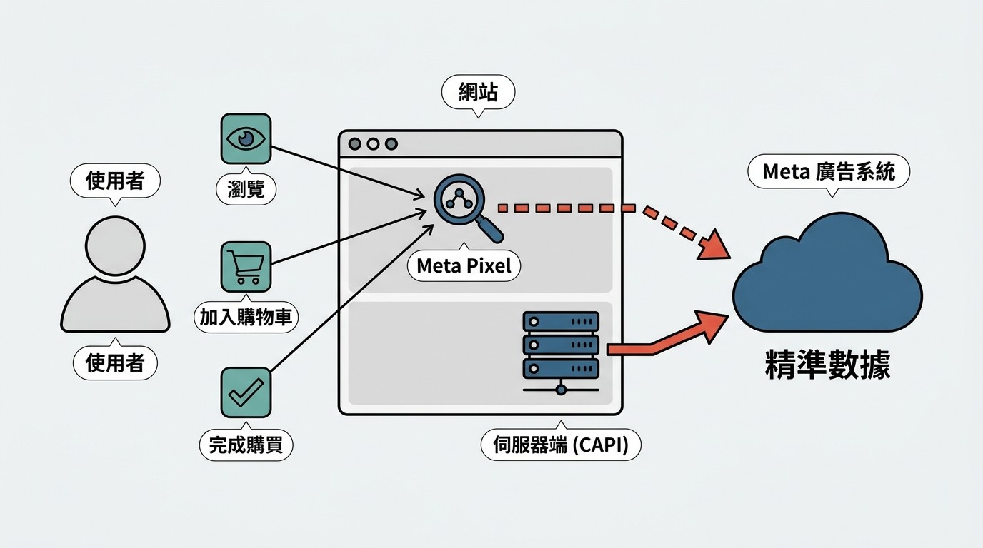 示意圖顯示 Meta Pixel 與 CAPI 如何追蹤網站訪客行為並將數據回傳 Meta 廣告系統。