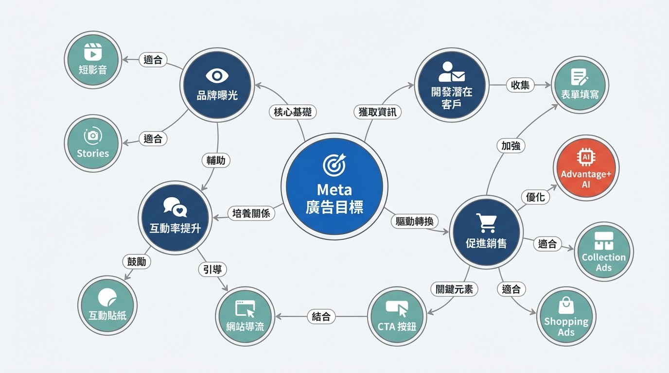 一張知識圖譜，中央為 Meta 廣告目標，周圍環繞品牌曝光、銷售等目標，各目標再連結其適合的廣告格式與功能。