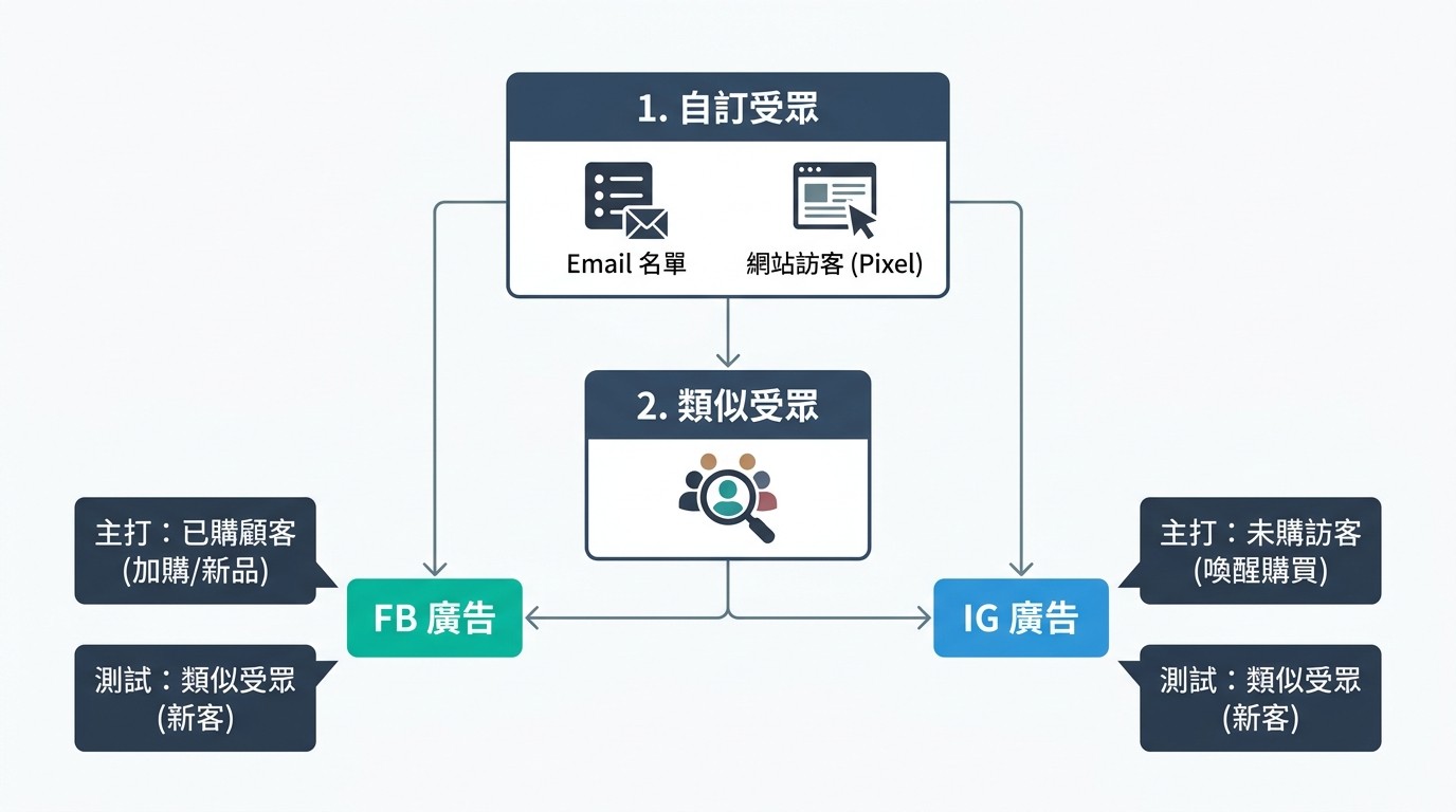 流程圖顯示建立自訂/類似受眾，再應用於FB/IG廣告的步驟與策略。