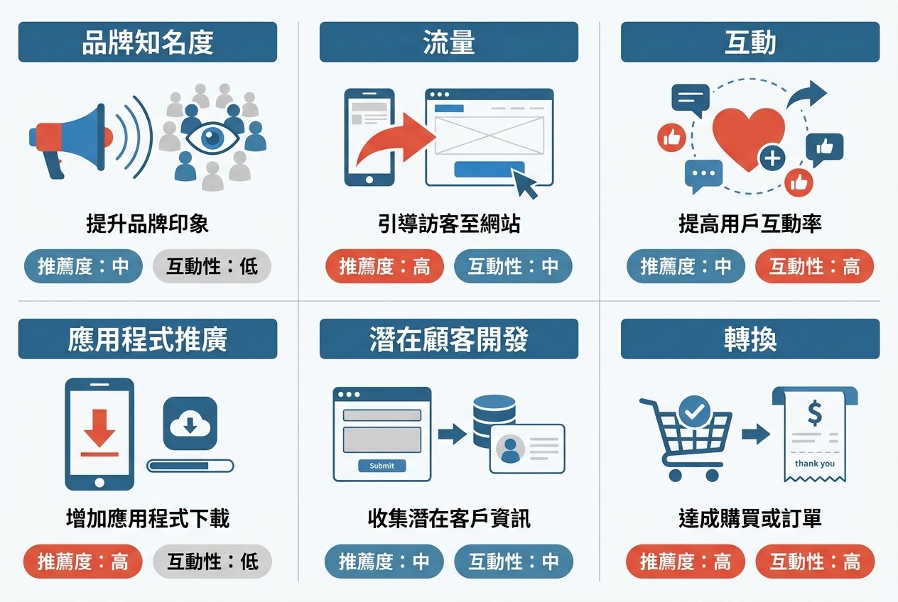 六個 Stories 廣告目標的圖解指南，包含品牌知名度、流量、互動、應用程式推廣、潛在顧客開發與轉換，各附圖示、說明與推薦度/互動性標籤。