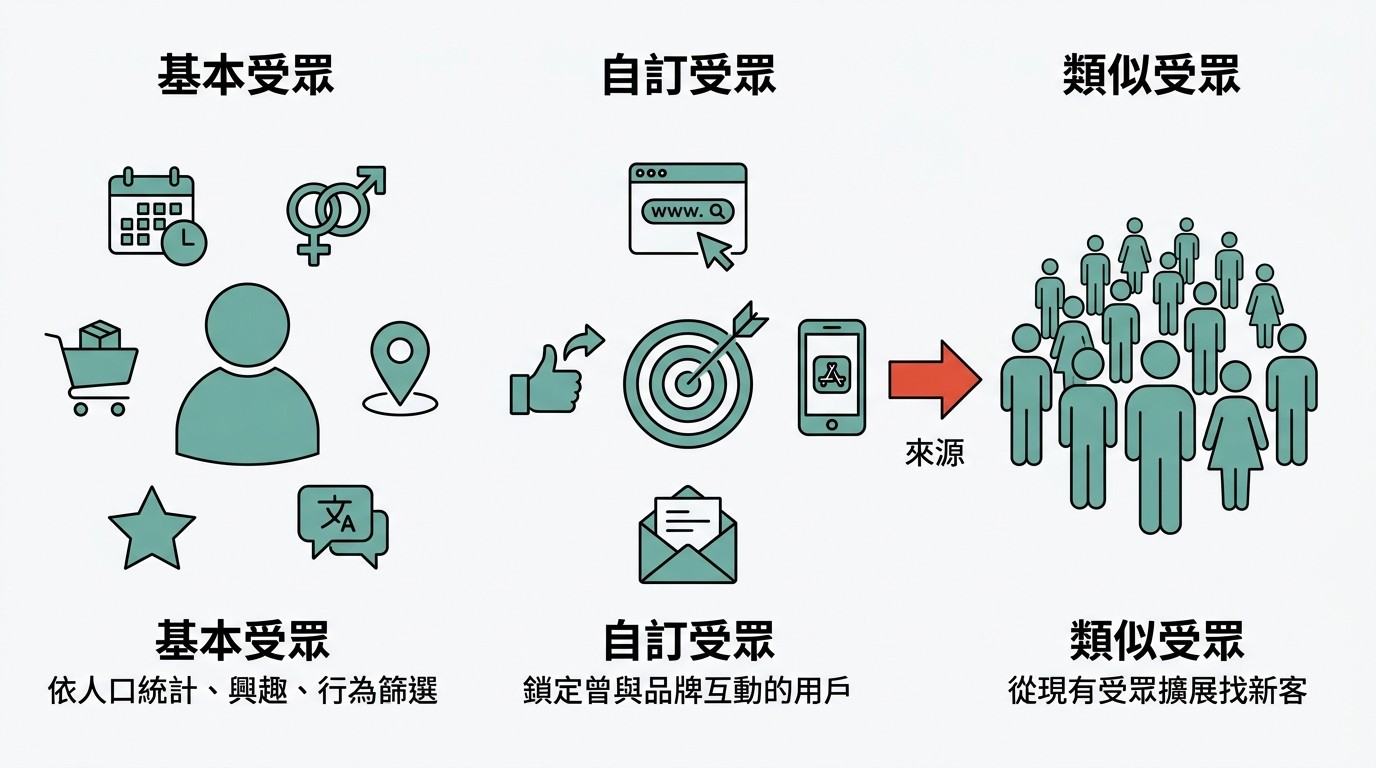 資訊圖表比較三種廣告受眾：基本、自訂、類似。基本受眾依人口統計篩選；自訂受眾鎖定互動者；類似受眾從自訂受眾擴展新客。