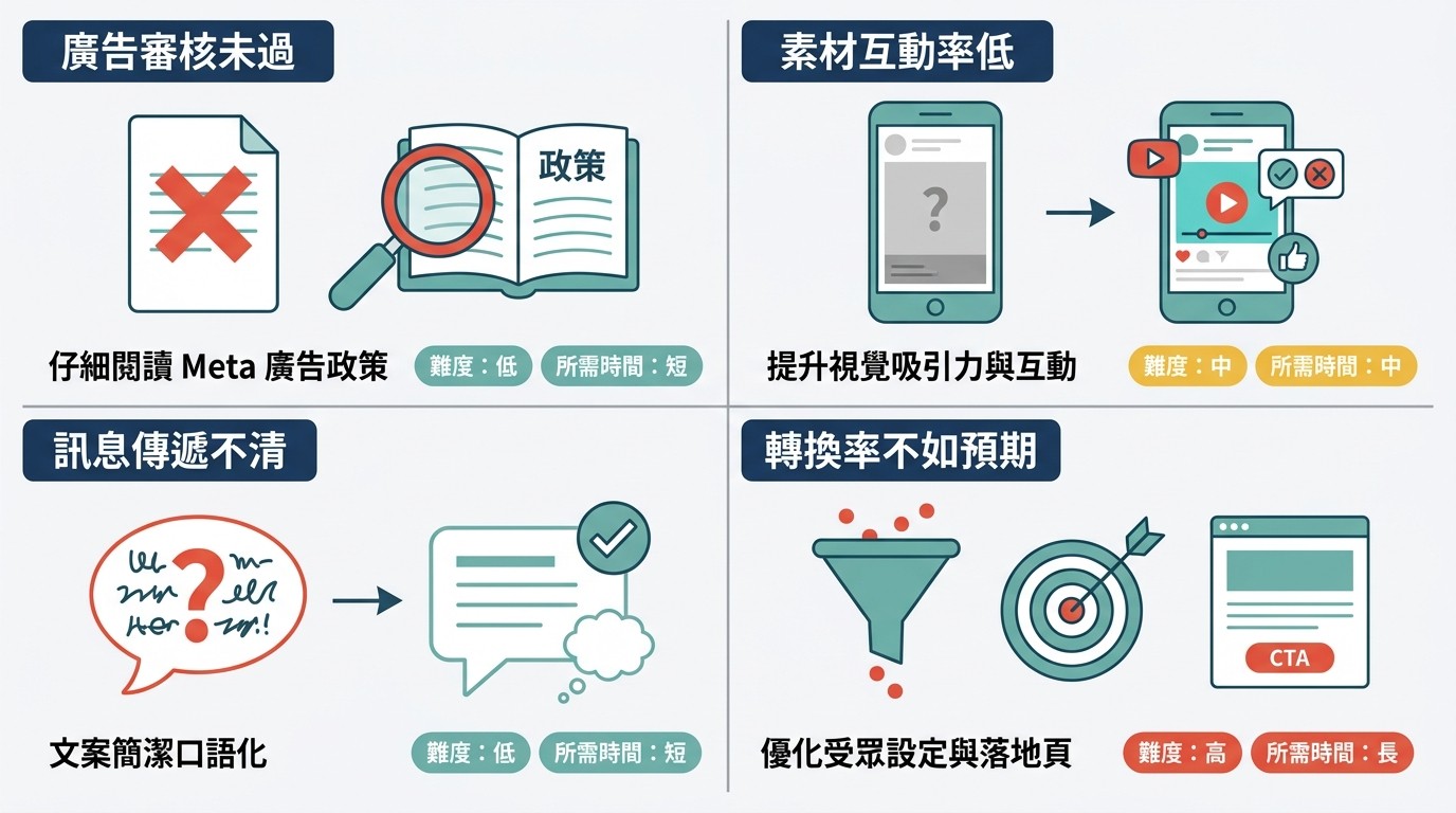 四格資訊圖表，呈現 IG 廣告常見問題與解決方案，包含審核、素材、訊息、轉換率。