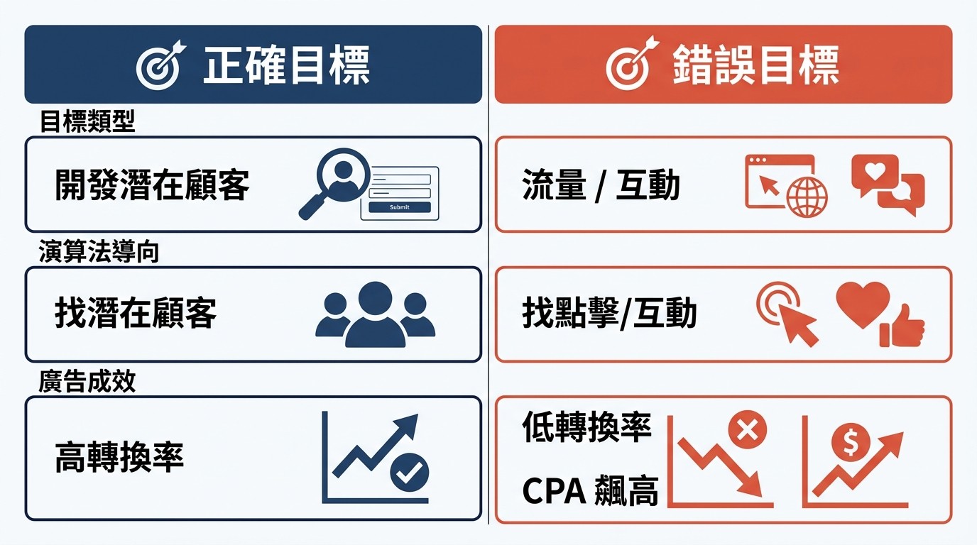 扁平雙欄資訊圖：比較名單型廣告的「正確目標」與「錯誤目標」及其成效差異。