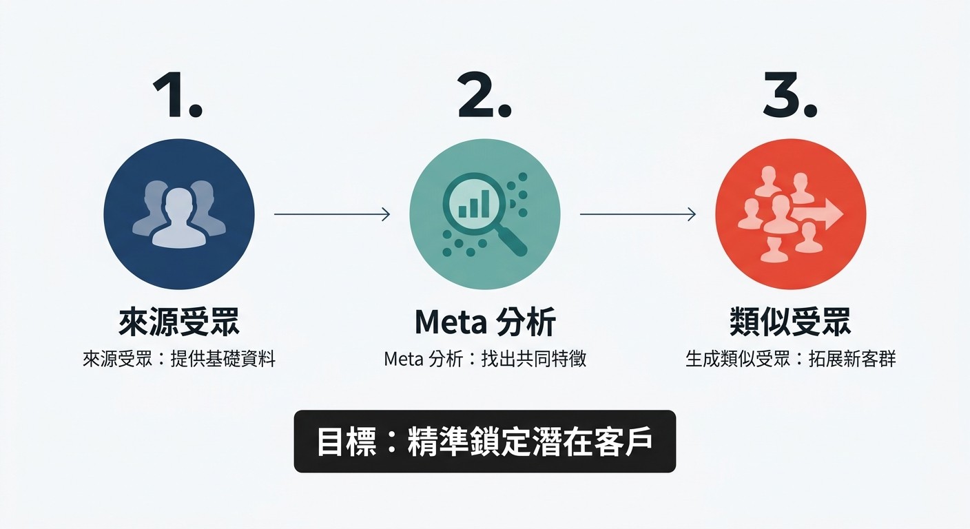 流程圖顯示類似受眾生成步驟：從來源受眾經 Meta 分析，最終拓展為新的類似受眾，目標是精準鎖定潛在客戶。
