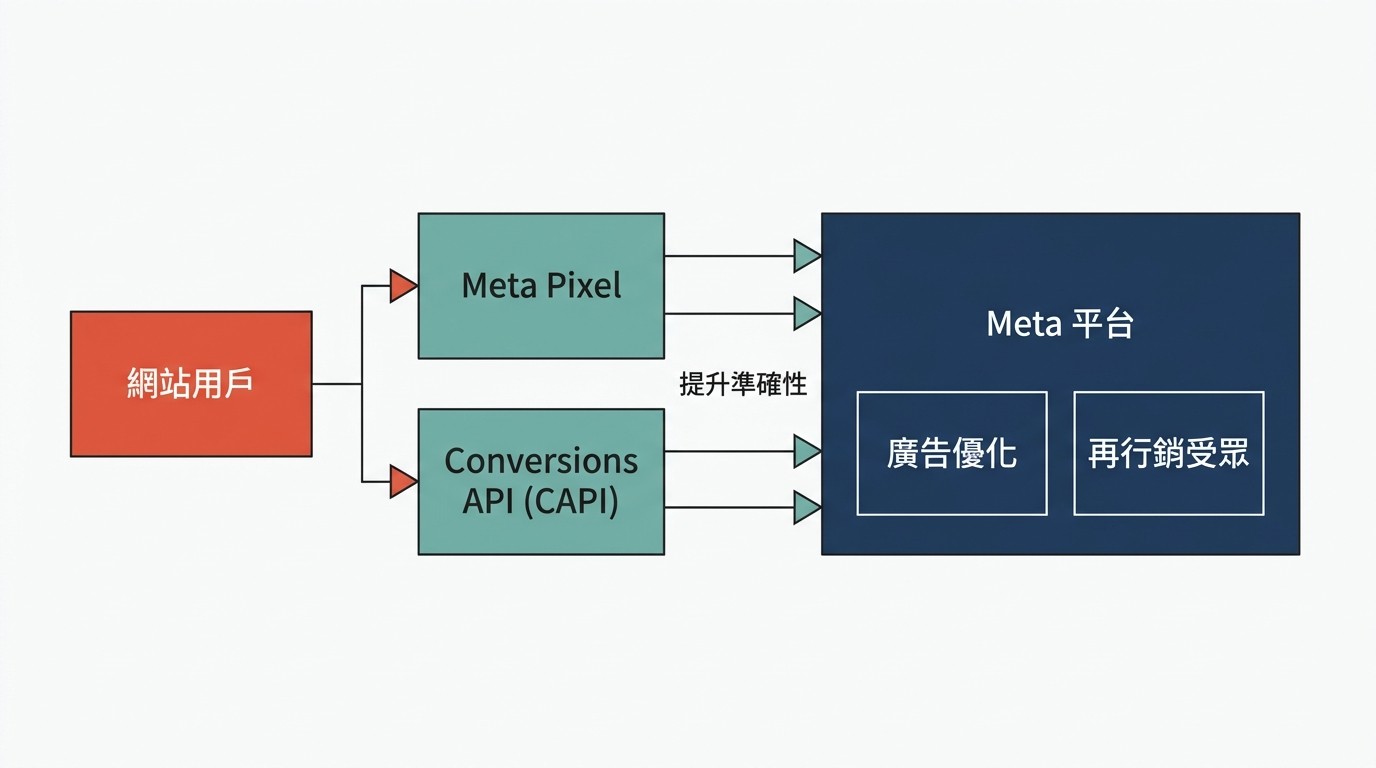 扁平圖顯示網站用戶行為經 Pixel 與 CAPI 追蹤，數據回傳 Meta 平台進行廣告優化與再行銷。