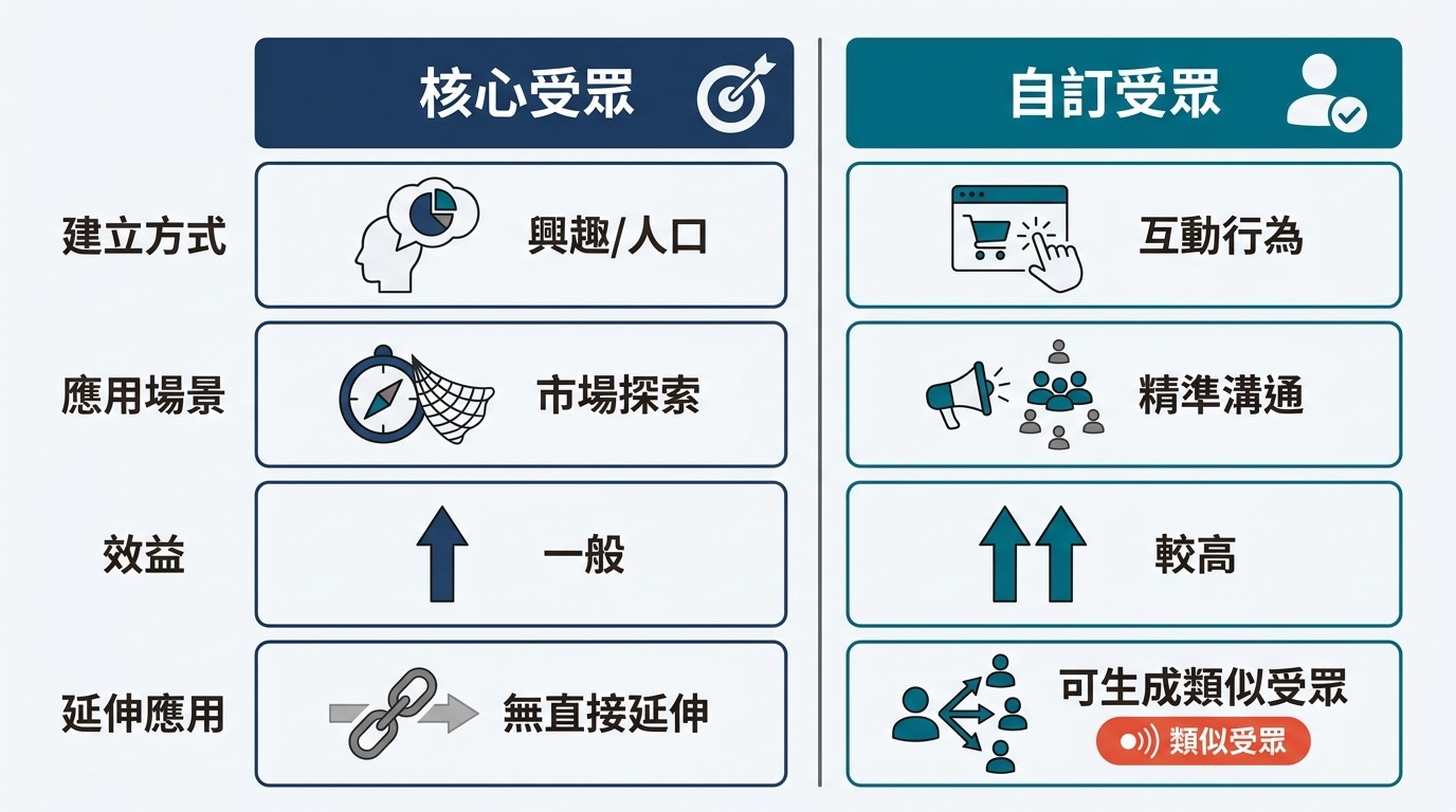 扁平雙欄對比圖，比較核心受眾與自訂受眾的建立方式、應用場景、效益及延伸應用。圖中並說明自訂受眾可生成類似受眾。