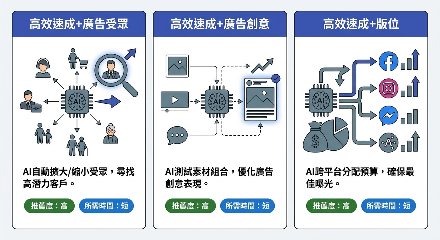 圖解 Meta Advantage+ 廣告工具：高效速成+廣告受眾、創意、版位，各以圖示說明 AI 如何自動優化廣告投放。