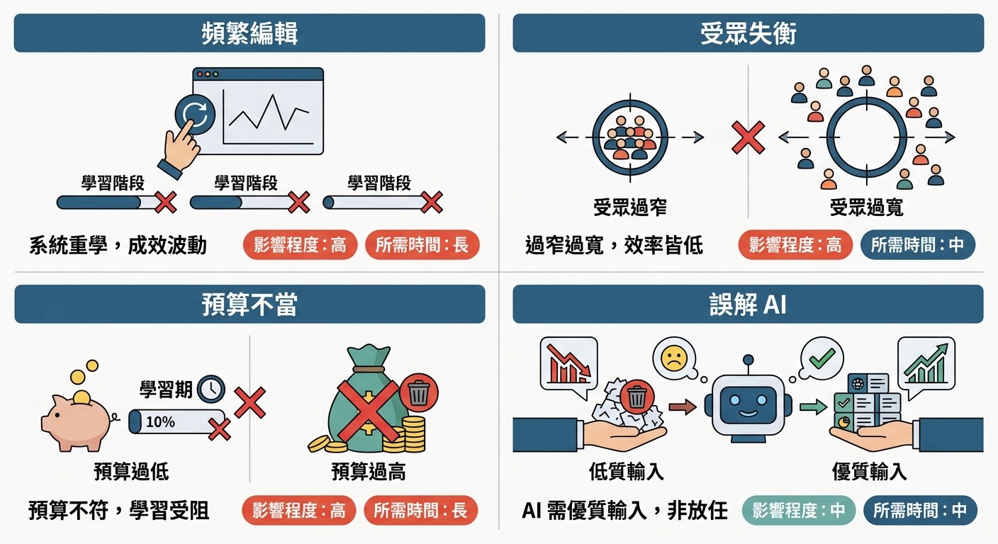 四格圖解說明 Meta 廣告預算常見錯誤：頻繁編輯、受眾失衡、預算不當、誤解 AI。