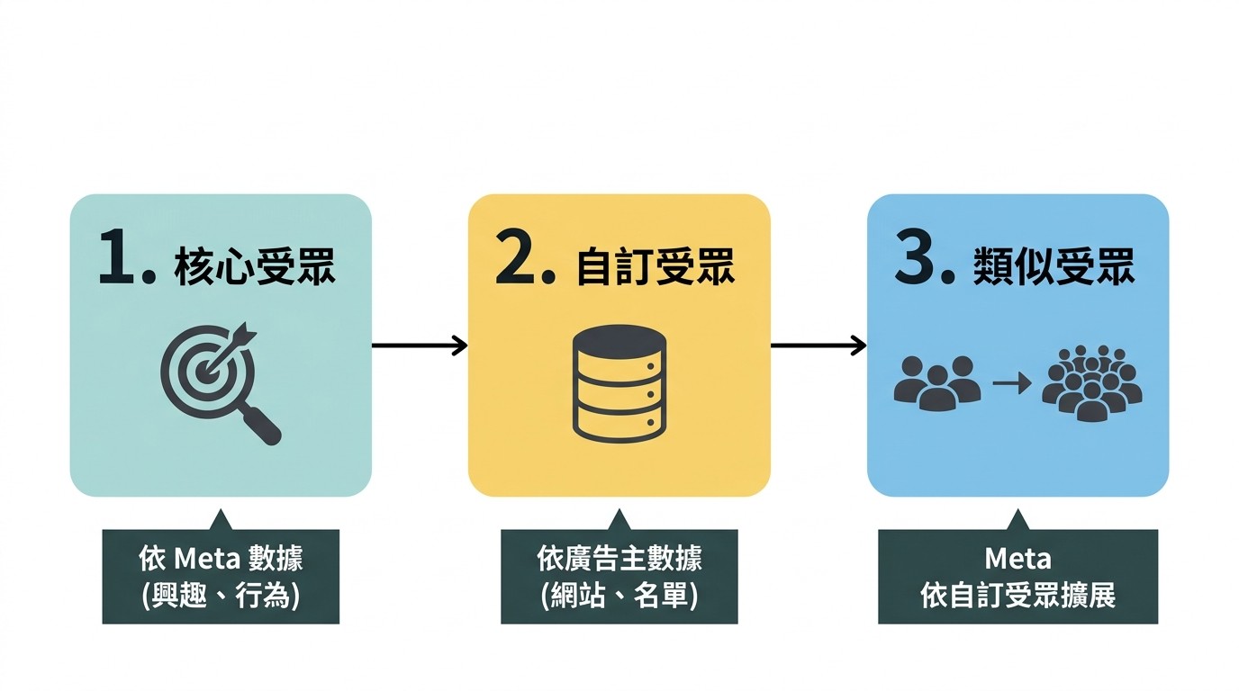描述 Meta 廣告三種受眾類型：核心、自訂、類似受眾的獲取流程圖。核心受眾基於 Meta 數據，自訂受眾基於廣告主數據，類似受眾則由 Meta 依自訂受眾擴展。