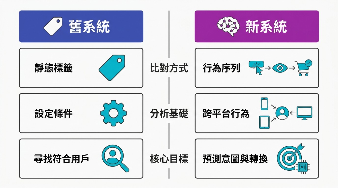扁平雙欄資訊圖，比較 Meta AI 舊系統與新系統的運作邏輯。左欄為舊系統，右欄為新系統，逐項對比比對方式、分析基礎與核心目標。