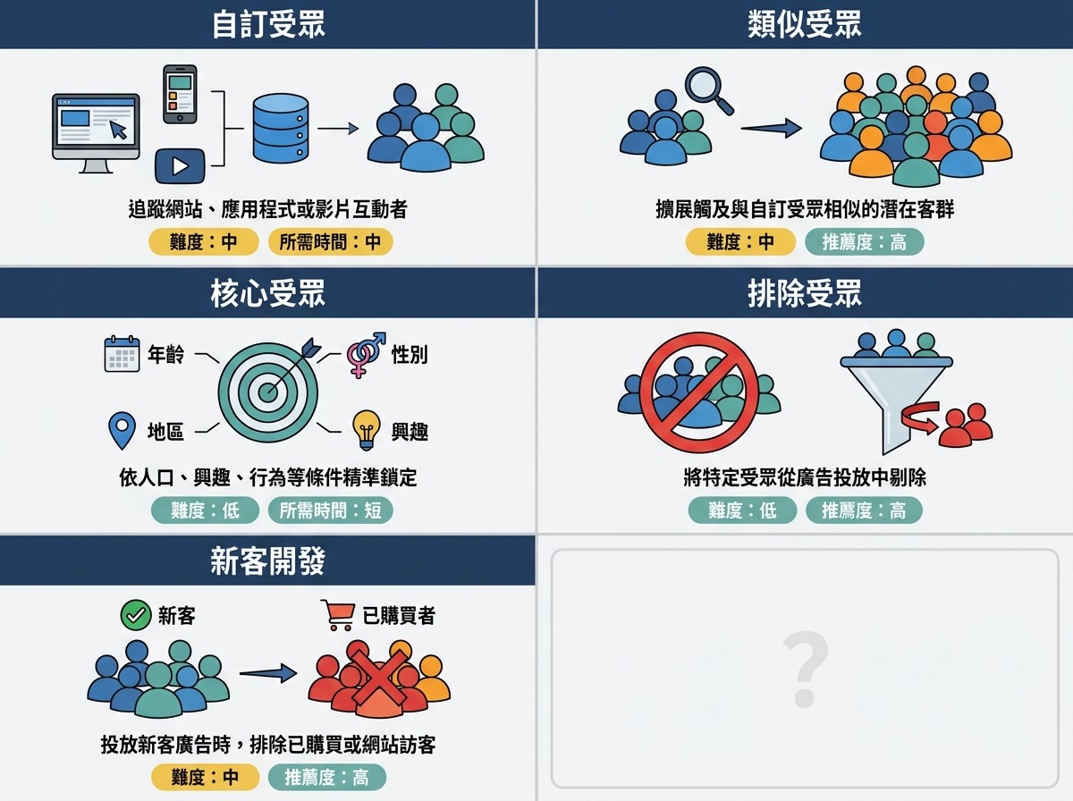 一張圖解指南，包含五個面板，說明自訂、類似、核心受眾的建立方式，以及排除受眾的定義與新客開發應用。