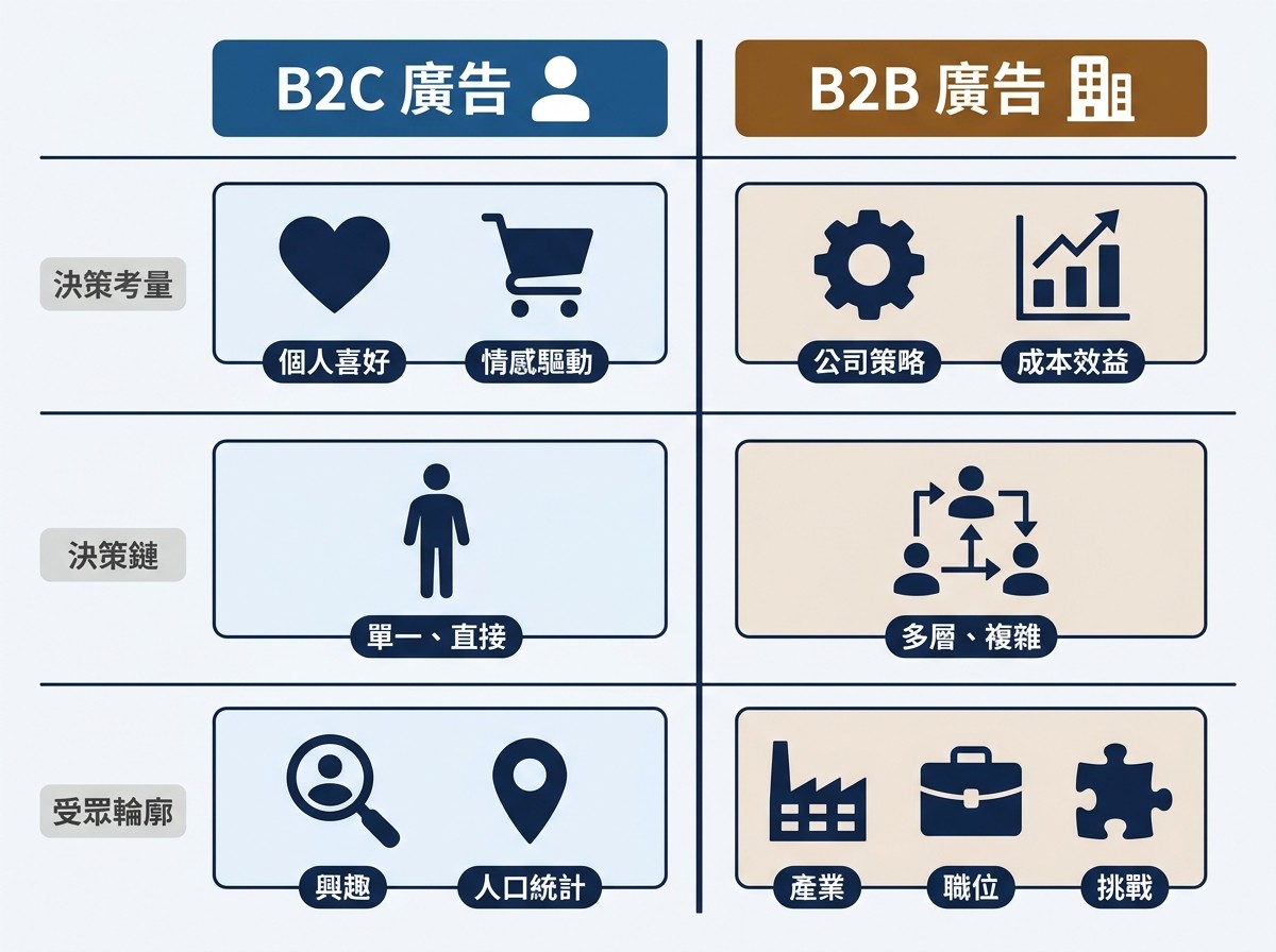 扁平化資訊圖表，左右對比 B2C 與 B2B 廣告在決策考量、決策鏈及受眾輪廓上的差異。