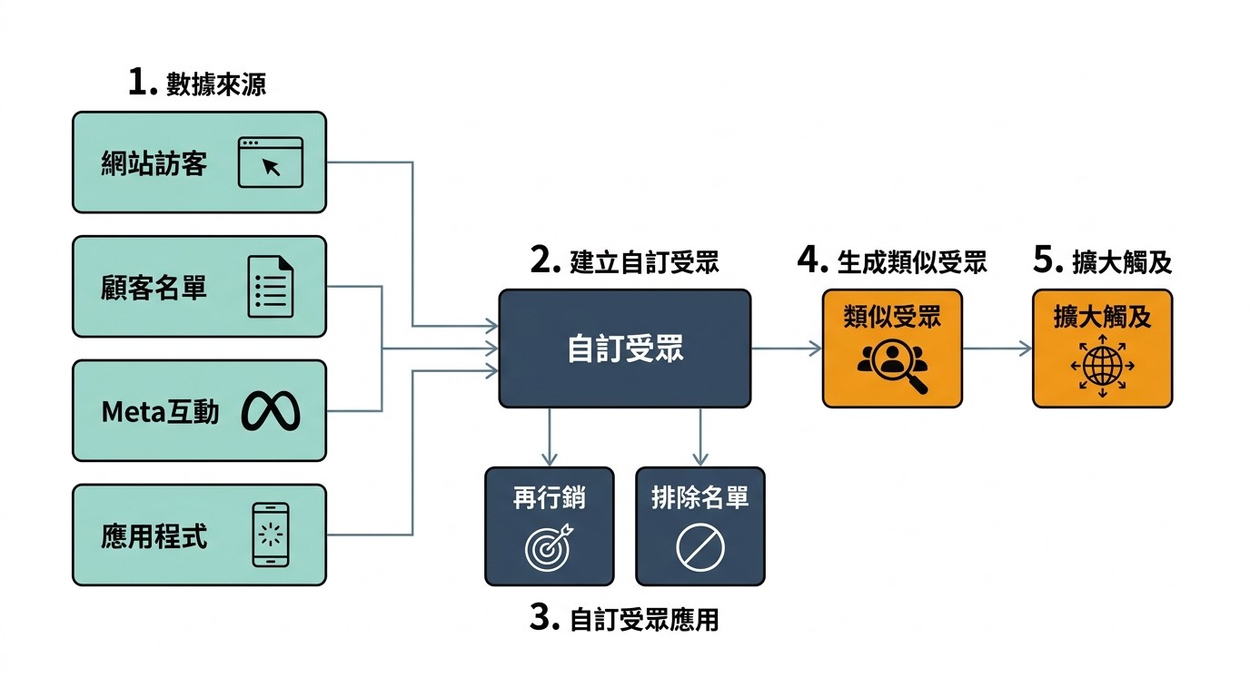 流程圖顯示網站訪客、顧客名單等數據匯聚成自訂受眾，再分流至再行銷、排除名單與類似受眾，最終擴大觸及。