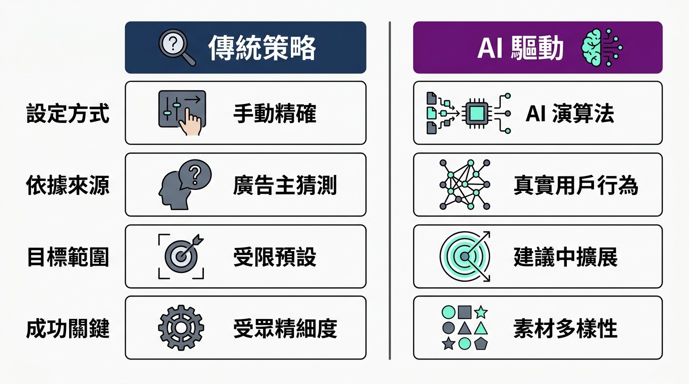 扁平雙欄對比圖，比較傳統與 AI 驅動的 B2B 受眾策略。左欄為傳統策略，右欄為 AI 驅動。對比設定方式、依據來源、目標範圍與成功關鍵。