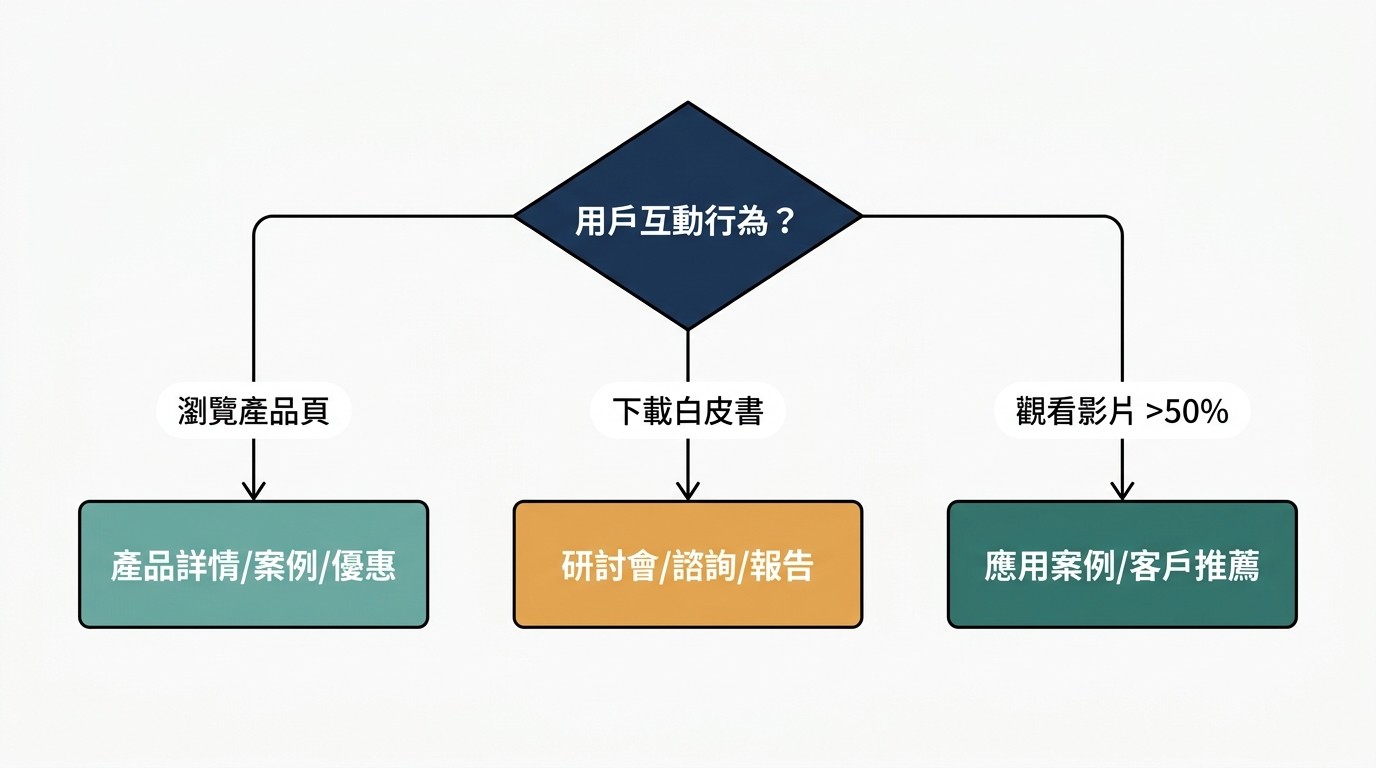 扁平決策樹圖，展示用戶互動行為（瀏覽產品頁、下載白皮書、觀看影片）如何導向不同的再行銷內容。