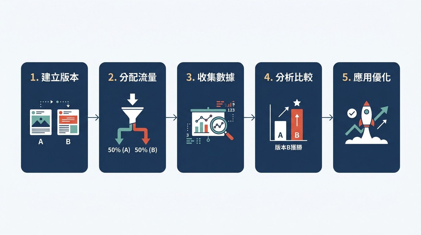 A/B 測試流程圖：從建立版本、分配流量、收集數據、分析比較到應用優化。