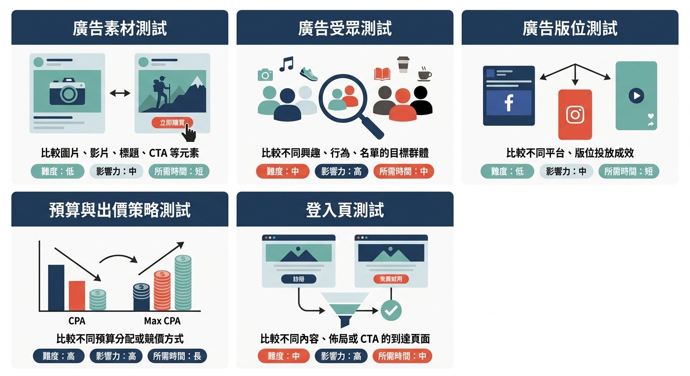 圖解 A/B 測試五大類型：廣告素材、受眾、版位、預算與出價、登入頁，各附應用範疇與難度、影響力、時間標籤。