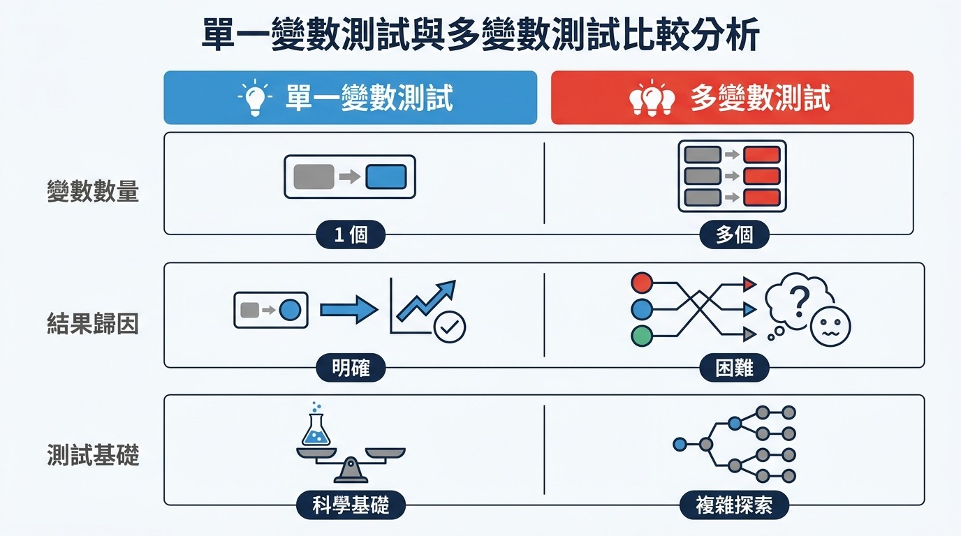 扁平雙欄對比圖，左欄「單一變數測試」顯示每次只改1個變數，結果歸因明確，為科學基礎；右欄「多變數測試」顯示每次改變多個變數，結果歸因困難，適用於複雜探索。