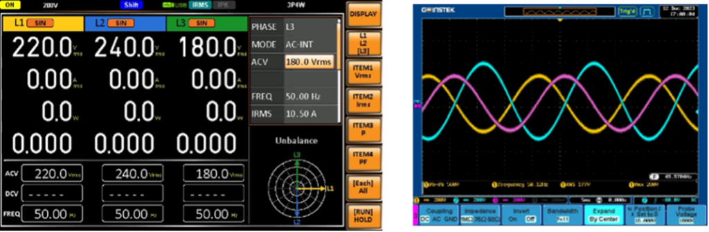 固緯電子ASR-6000系列交流電源輸出不平衡三相電壓畫面